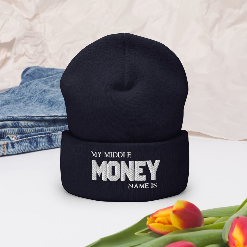 Motivational Beanie "MONEY IS MY MIDDLE NAME" Law of Affirmation Embroidery Cuffed Beanie