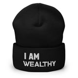 Motivational Cuffed Beanie "I AM WEALTHY" Law of Affirmation Embroidery Cuffed Beanie