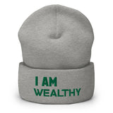 Motivational Cuffed Beanie "I AM WEALTHY" Law of Affirmation Embroidery Cuffed Beanie