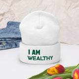 Motivational Cuffed Beanie "I AM WEALTHY" Law of Affirmation Embroidery Cuffed Beanie