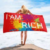 Motivational Towel " I AM RICH" Inspiring Law of Affirmation Beach Towel