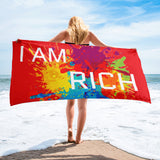Motivational Towel " I AM RICH" Inspiring Law of Affirmation Beach Towel