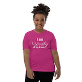 Motivational Youth T-Shirt "I am Worthy" Inspiring Law of Affirmation Youth Short Sleeve Unisex T-Shirt