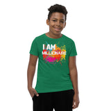 Motivational  Youth  T-Shirt "I AM MILLIONAIRE" Inspiring Law of Affirmation Youth Short Sleeve Unisex T-Shirt
